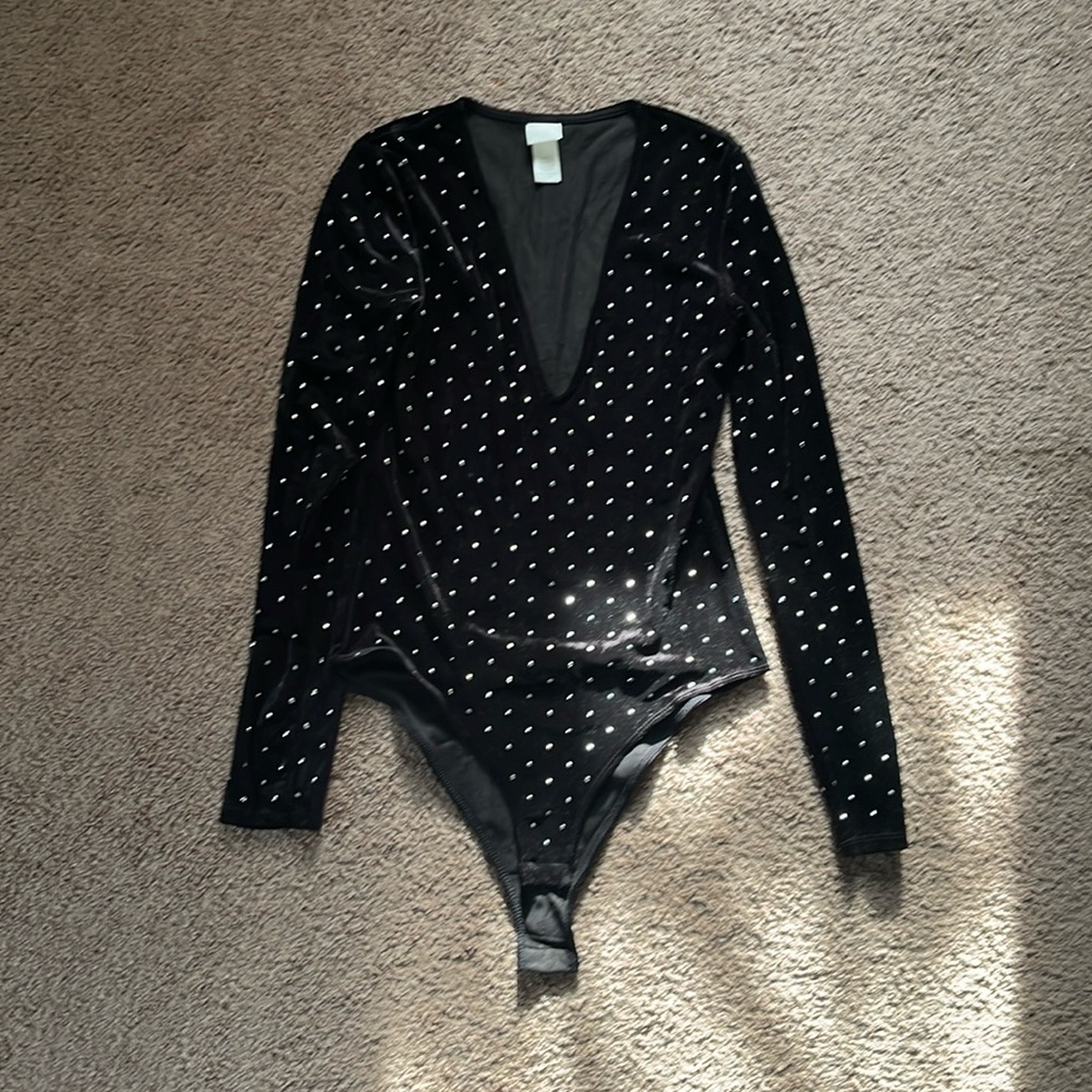 Black Velvet Rhinestone Studded Bodysuit Leotard One Piece H&M Women’s Small